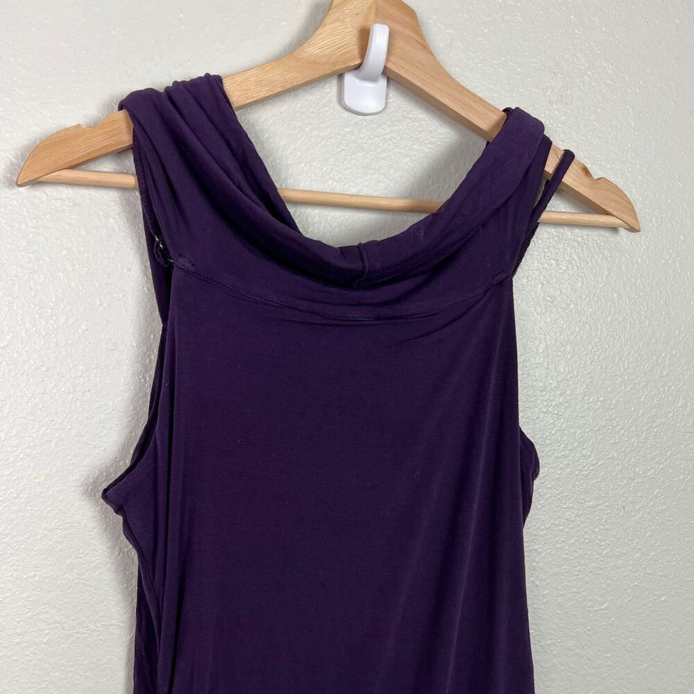 Theory Purple Cowl Neck Ruched Side Body Con Midi Dress Size Medium - Picture 11 of 11